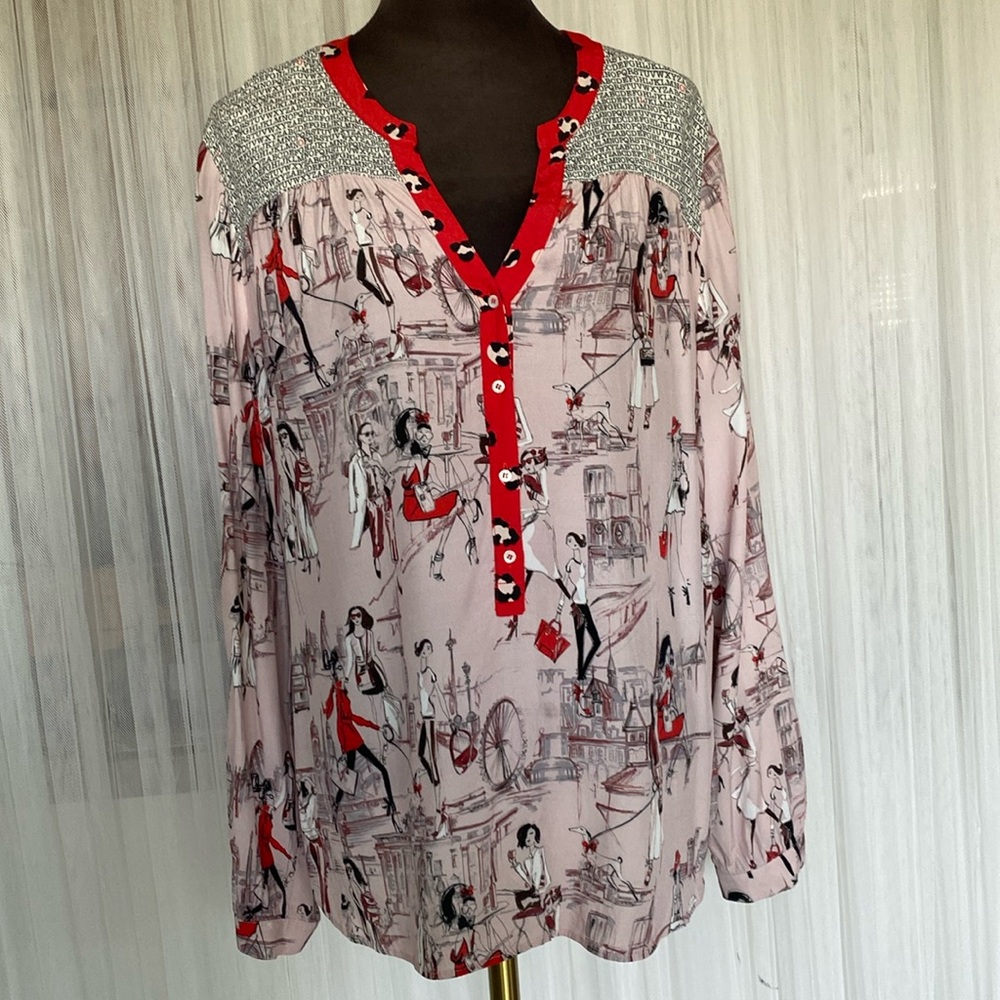 REDUCED!!Novelty prints, long sleeves blouse by “OUI” casual, work! Size 12